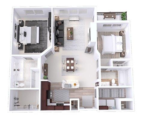 Floor plan of a one bedroom apartment with two bathrooms and a balcony